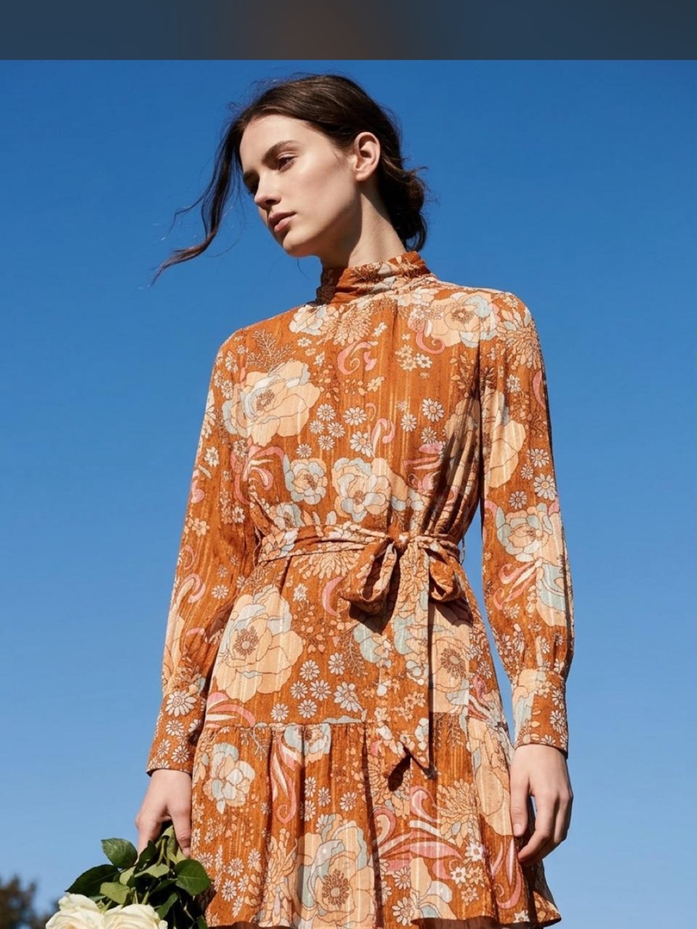 Ryegrass Rust Floral Mock Neck Mini Dress with Tie Waist size M #floraldress